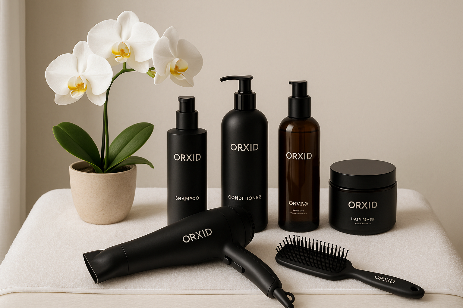A table in a spa with an orchid plant on the left. The table should feature Hair Care products branded ORXID as well as a hair dryer which should lie flat on the table branded ORXID and a vent brush branded ORXID which shold lie with the handle facing the camera. The ORXID branding should run down the spine of the vent brush